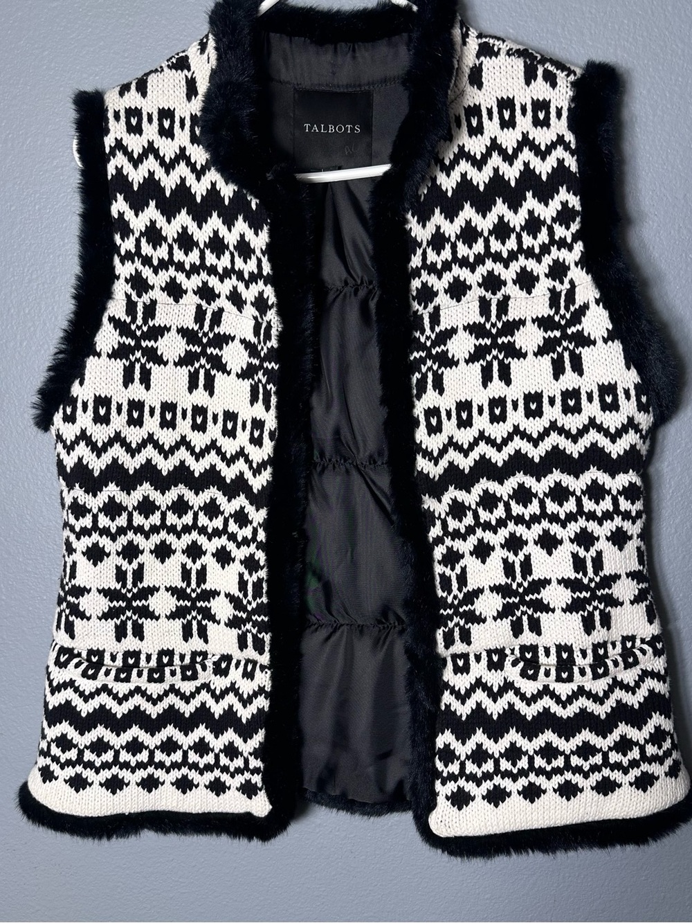 Talbots Black & White Fair Isle Faux Fur-Trimmed Vest